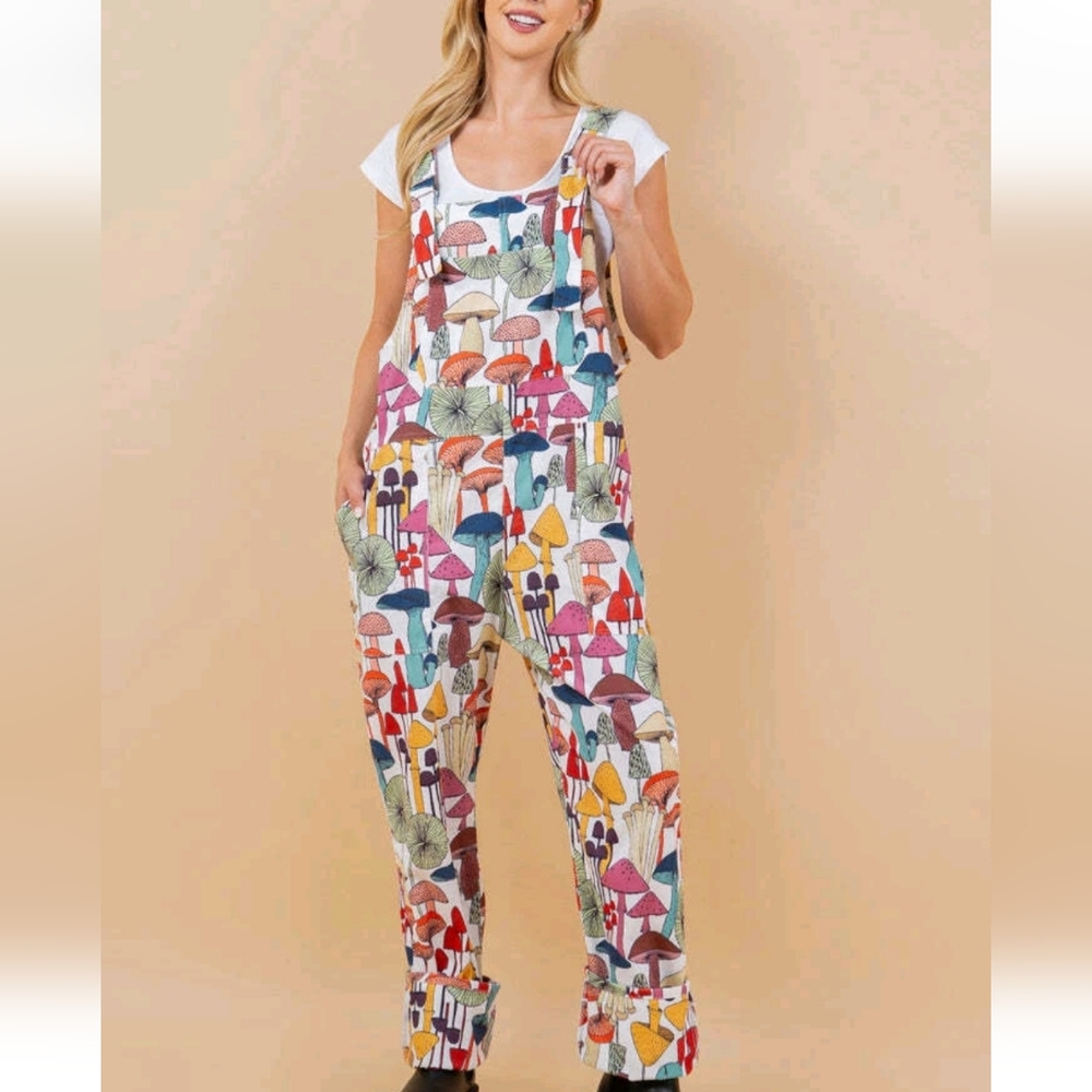 Multi Mushroom Print Cotton Overalls Jumpsuit - White Base